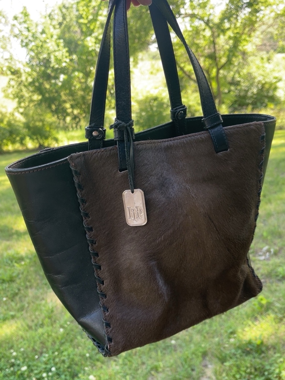 Vintage Harold Powell Made in Italy Leather & Brown Cowhide Tote Bag